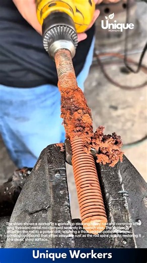 Clever Workshop Hack: Worker Uses Power Drill and Compound to Clean Rust from Threaded Rod