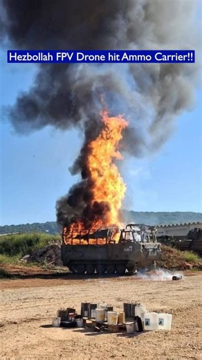 Hezbollah FPV Drone hit Israeli Ammo Carrier Carrying 155mm Artillery Shells