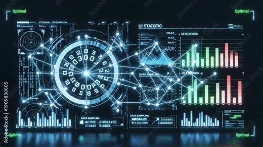 Explore data visualization with dynamic graphs and statistics displayed on a digital interface in a modern tech setting
