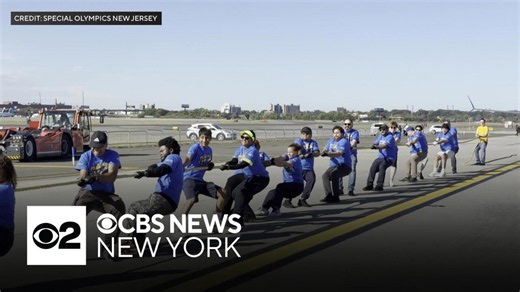 Teams pull airplane for Special Olympics event at Newark Airport