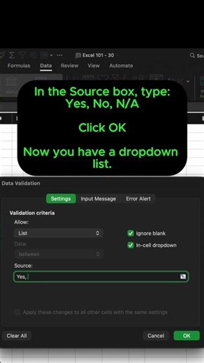 How to Create a Dropdown List in Excel (Type List Manually) | Intermediate Excel 201 #excel