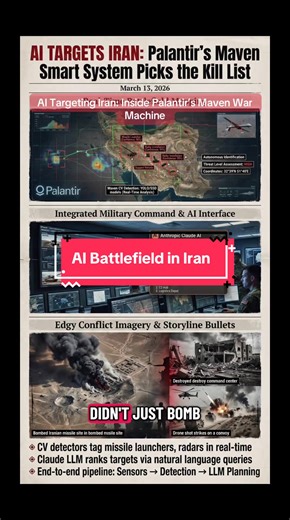 The U.S. is using Palantir’s Maven Smart System and Anthropic’s Claude to fuse satellite, drone, and radar data into AI‑generated target lists in the Iran conflict. Breaking down how computer vision and LLMs are changing targeting speed, scale, and risk. #AIWarfare #Palantir #Maven #Claude #IranConflict