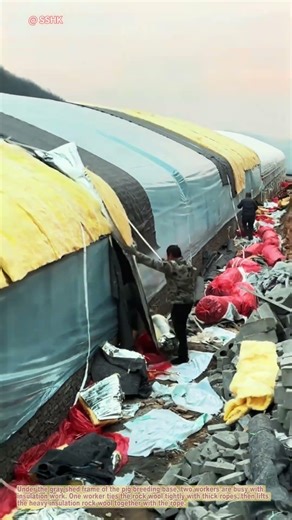 Farm Worker Installs Insulation Rock Wool for Pig Shed | Winter Protection for Livestock