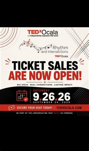 Big ideas start with one conversation. One question. One brave voice. TEDxOcala Is more than an event, it's a place where curiosity meets creativity, where powerful stories inspire action, and where ideas spark meaningful change. Join us for a day of thought-provoking talks, authentic connections, and unforgettable moments with a community that believes ideas can shape the future. TEDxOcala Rhythm and Intersections TEDxOcala Grab Your tickets TODAY‼️‼️ https://www.reillyartscenter.com/events/ted