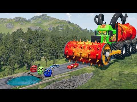 Big & Small McQueen & Police Car vs Zombie Mack, Giant Speed Bumps Downhill Race – BeamNG.drive