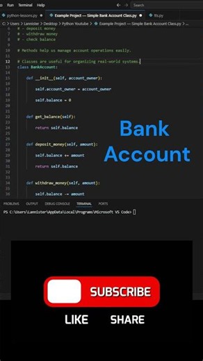 61. Bank Account Class in Python 🏦 Example Project #shorts