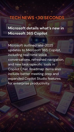 Tech Brief: Microsoft outlined late-2025 updates to Microsoft 365 Copilot, including real-time voice conversations, refreshed navigation, and new task-specific tools in Copilot Chat. Roadmap items also include better meeting prep and expanded Copilot Studio features for enterprise productivity. Be my next subscriber/follower and get the daily news briefs you care about. Modern Rugged is your AI, Tech, SEO, Social Media news resource. #AI #technews #AInews #SEOnews #GenerativeAI #digitalmarketing