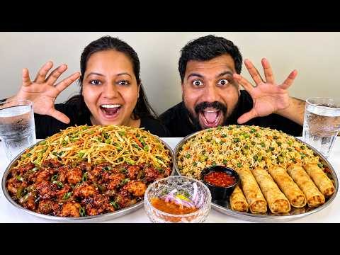 EATING 🔥 CHILLI PANEER WITH FRIED RICE, SPRING ROLLS & HAKKA NOODLES | MUKBANG ASMR