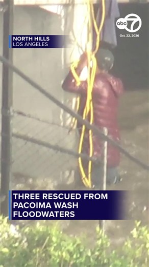 (10/22/26) Two men and a woman were #rescued from the rain-swollen #Pacoima Wash in the #NorthHills area as one of the first significant rainstorms of the season soaked #SouthernCalifornia.