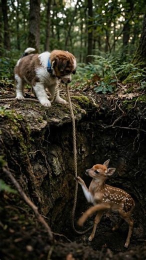 A baby deer falls in a pit and a cute little dog saves it.#animalrescue #emotional #wildlife