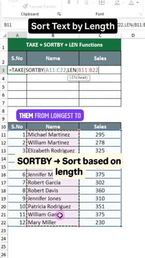 Excel TAKE + SORTBY + LEN Trick Most Users Don’t Know 😱
