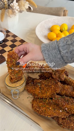 welcome back to another episode of the sunday setup! today’s football inspired recipe is pretzel-cornflake chicken tenders with a hot honey mustard sauce 🏈 probably my favorite dish of the series for far! comment ‘recipe’ and I’ll send you the recipe directly to your DMs! xx https://everything-delish.com/pretzel-cornflake-chicken-tenders/ football recipes | game day | game day recipes | chicken | chicken tenders | dipping sauce | hosting | easy recipes | home cook | home cooking | Everything De