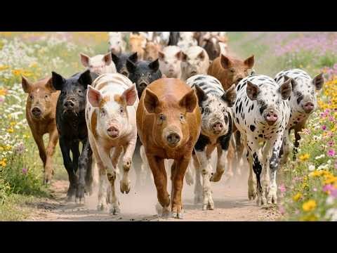 Large, Healthy Pigs Stroll Through A Field Of Vibrant Flowers - Pig Sounds - Piglets Video