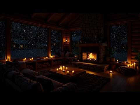 [No Ads] Sleep Instantly with Warm Fire & Soft Piano | Cozy Cabin with Snowfall Outside
