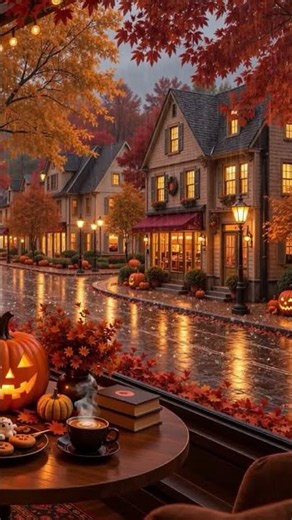 A Rainy Halloween Evening at a Cozy Café 🎃 Smooth Jazz, Pumpkin Glow & Warm Autumn Street Views