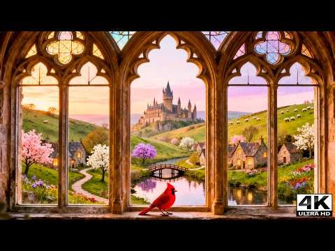 A Spring Evening with a Red Cardinal 🐦🏰 Cozy Hogwarts Window View & Soft Music