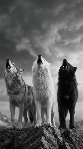 Three Wolves Howling on a Stormy Mountain Peak