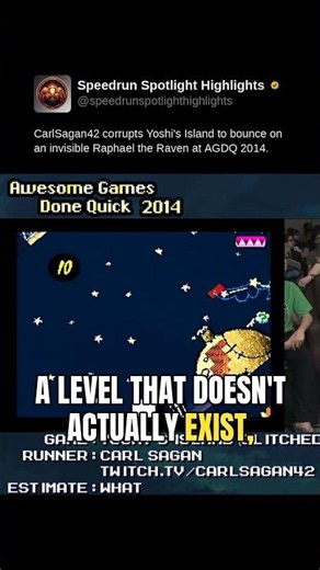 CarlSagan42 corrupts Yoshi's Island to bounce on an invisible Raphael the Raven at AGDQ 2014.