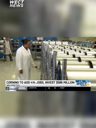 (10/21/26) Corning Inc. will invest $585 million at its Wilmington campus and add 414 jobs over the next five years, expanding one of the world’s largest optical fiber manufacturing plants. #wect #news #corninginc #wilmingtonbusiness #northcarolina