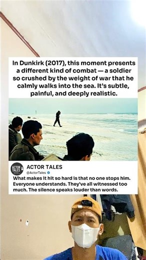 In Dunkirk (2017), this moment presents a different kind of combat — a soldier so crushed by the