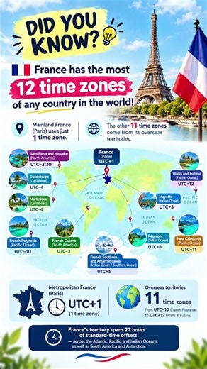 🇫🇷 Did you know France has 12 time zones? 🌍⏰