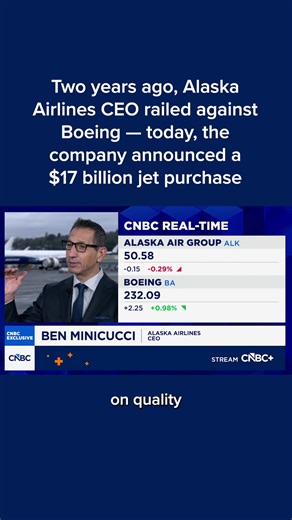 Alaska Airlines is ordering more than 100 Boeing jets, a purchase that the carrier’s fleet chief said will ensure it has locked in sought-after order slots through the middle of the next decade to expand. Alaska’s purchase plans are a vote of confidence in the airplane maker, whose 737 factory handed Alaska a 737 Max 9 two years ago without key bolts installed in a door plug. Read more: cnb.cx/4juozT7 | CNBC