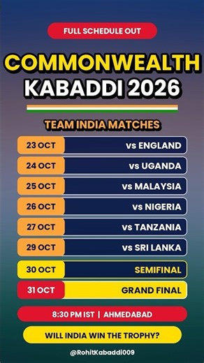 Commonwealth Kabaddi 2026 Full Schedule 🔥 Semifinal 30 Oct, Final 31 Oct
