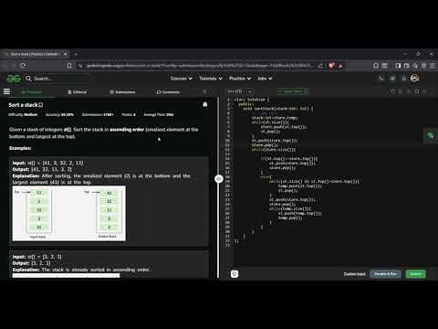 Sort a Stack | GeeksforGeeks GFG Solution in C++ | Stack Recursion | DSA