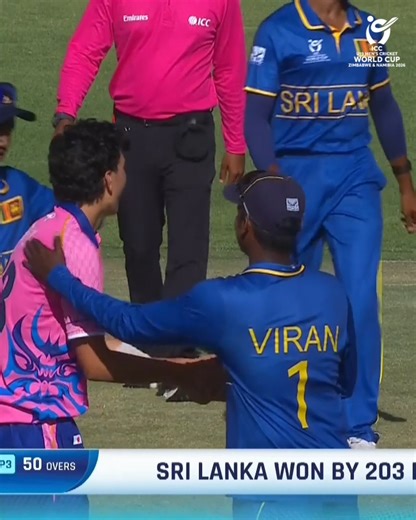 A historic day of batting comes to an end in Windhoek, with Sri Lanka as commanding winners 🤩 Follow more of the #U19WorldCup, broadcast details 📺 https://www.icc-cricket.com/tournaments/u19-cricket-worldcup-2026/news/broadcast-details-for-icc-u19-men-s-cricket-world-cup | ICC - International Cricket Council