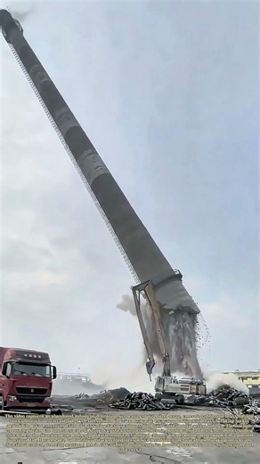 Base Breaking: Long-Reach Excavator Weakens Industrial Chimney For Controlled Collapse