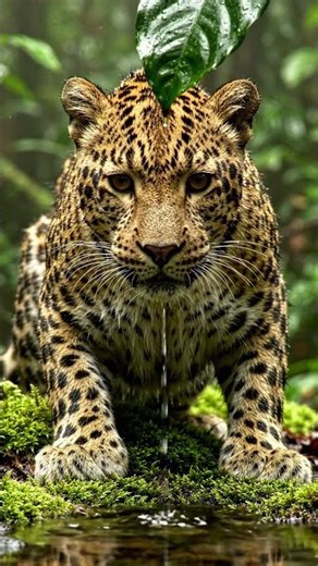 Clouded leopard stalks through dripping rainforest leaves, freezing just before the pounce.