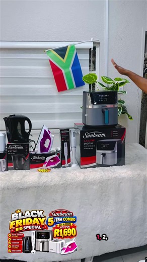 🔥🖤 SMARTBUY BLACK FRIDAY BIG SPECIAL! 🖤🔥 🚨 SUNBEAM 5-ITEM KITCHEN COMBO — ONLY R1,690! 🚨 Upgrade your kitchen for LESS! Get these 5 amazing appliances in one incredible combo. Don’t miss out on this fantastic deal! 💥 YOUR COMBO INCLUDES: 🍟 1️⃣ Sunbeam Digital Air Fryer — 6.5 Litre 🍞 2️⃣ Sunbeam 2-Slice Toaster 👔 3️⃣ Sunbeam Steam Iron ☕ 4️⃣ Sunbeam Jug Kettle — 1.7 Litre 🥣 5️⃣ Sunbeam Hand Blender 🔥 ALL 5 ITEMS FOR JUST R1,690! Perfect for your home, a new kitchen setup, or a fantast