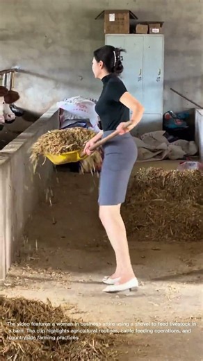 Livestock Feeding: Shoveling Hay and Feed for Cows in a Farm Barn