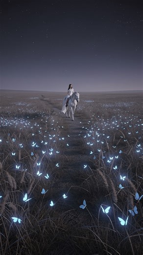 Kai Wing on Instagram: "An Azure Glow on the Twilight Prairie🦋 Across the dusky prairie, soft blue butterflies drift like floating light, casting a cool glow under the deepening twilight sky. In the distance, a white horse moves quietly through the serene expanse—a moment where stillness and gentle radiance merge in tranquil harmony Image Generator: #ImagineArt Video Generator: #veo3 #Hailuo Video Upscaler: #TopazLabs #FreepikAI"