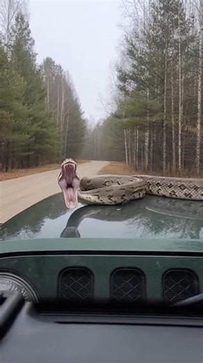 Massive Snake Attacks Car Windshield Chequamegon-Nicolet National Forest, Wisconsin — October 12, 2023 A routine drive on a remote forest road turned into a terrifying ordeal for two individuals last fall when a massive python appeared on the hood of their vehicle and attacked the windshield. The heart-pounding encounter was filmed from inside the car. The video shows the enormous snake, believed to be a reticulated python, slowly slithering up the vehicle's hood as the driver proceeds cautiousl