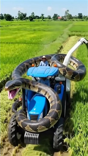 🐍🚜Giant Python Attacks Tractor in Rice Field #farming #tractor #jcb #excavator #trending #viralvideo