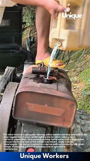 Single-Cylinder Diesel Engine: Man Refueling Vintage Two-Wheel Walking Tractor