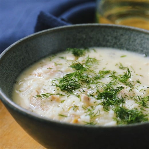 A warm bowl of chicken soup with rice will always help when you're feeling under the weather—this version is extra flavorful thanks to the addition of egg yolks and lemon juice. GET THE RECIPE: bit.ly/44oUhrS | Food & Wine