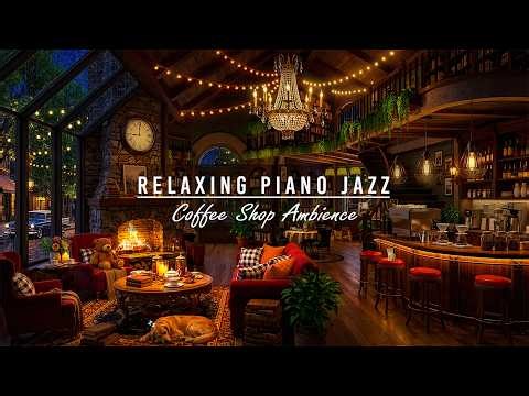 Cozy Coffee Shop Ambience in the Gentle Rain Night🌧️ Relaxing Piano Jazz & fireplace sounds for Work