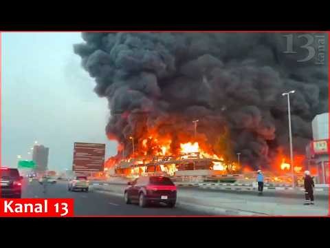 After Iranian drone strikes, massive fire has engulfed oil storage tanks near Dubai airport