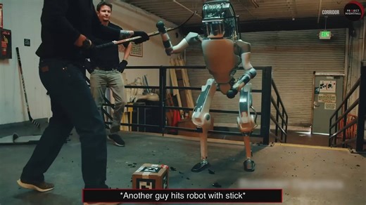 Disturbing surveillance footage capturing the moment an artificial intelligence machine physically struck back at people