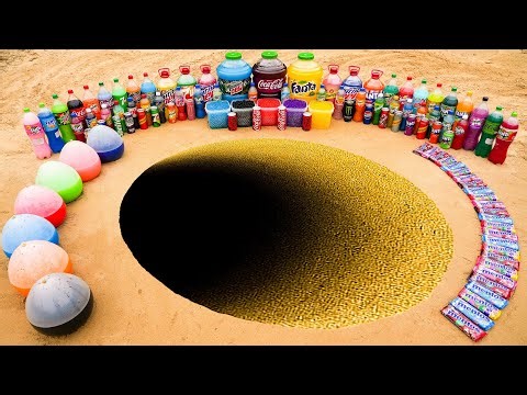 Giant Mtn Dew, Coca Cola, Fanta, Schweppes, 7up and Balloons of Soda vs Mentos in Inclined pit