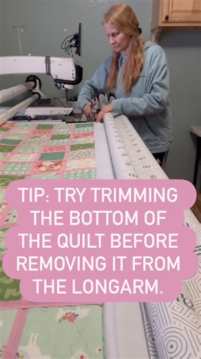 Kristina W on Instagram: "Have you ever trimmed the bottom of your quilt while it is still loaded on the longarm? I love using my @handiquilter batting scissors. They are the best!! Give it a try! #kristinasquilting #tuesdaytips #tipoftheday #longarmquilting #battingscissors #handiquilter"