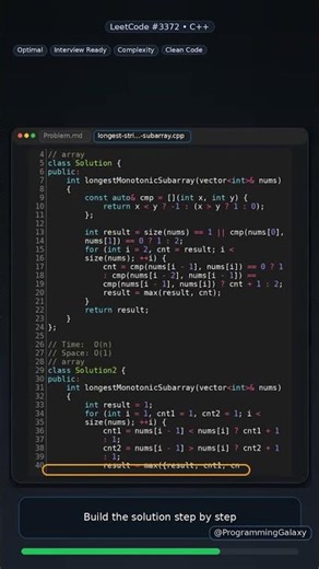 Longest Strictly Increasing or Strictly Decreasing Subarray in C++ | Fast LeetCode Solution #shorts