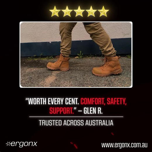 Our podiatrist-designed work boots deliver: ✔️ Orthotic arch support to reduce overpronation ✔️ Cushioned midsole shock-absorbing insole ✔️ Firm heel grip with lace zip for stability 👣 Comfort, safety & support built into every step. https://www.ergonx.com.au/work-boots/ #WorkBoots #PodiatristDesigned #MostComfortableWorkBoots #TradieTok #TradieLife #HeelPainRelief #FootHealth #ArchSupport #WorkBootReview #OnYourFeetAllDay #BootTok #WorkSafeWorkStrong #AussieTradie #SafetyBoots #SupportiveFootw