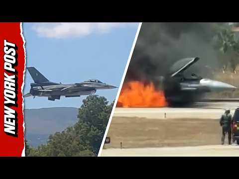 Watch Moment F-16 Fighter Jet Crash Lands and Burns on Greek Airport Runway