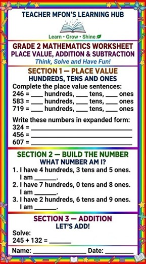 Grade 1 & Grade 2 Maths Worksheets | Addition, Subtraction, Numbers & Fun Math Activities