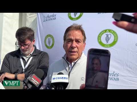 Nick Saban talks to the media during the Regions Tradition Celebrity Pro-Am