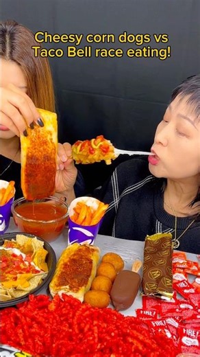 Cheesy corn dogs vs Taco Bell race eating challenge! #food #eating #mukbang #tacobell