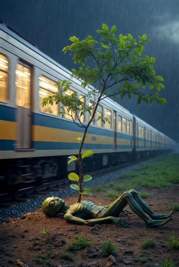 scription (English): An alien was traveling inside a fast-moving train. Suddenly, it jumped off and fell onto the ground, losing consciousness. After a short time, light rain began to fall. Something magical then happened—a small plant started growing from the alien’s stomach and quickly grew into a large tree. Soon, the tree became full of many different kinds of foods, fruits, and colorful items. Just then, three to four UFOs flew down from the sky and gently landed near the tree. Two aliens c